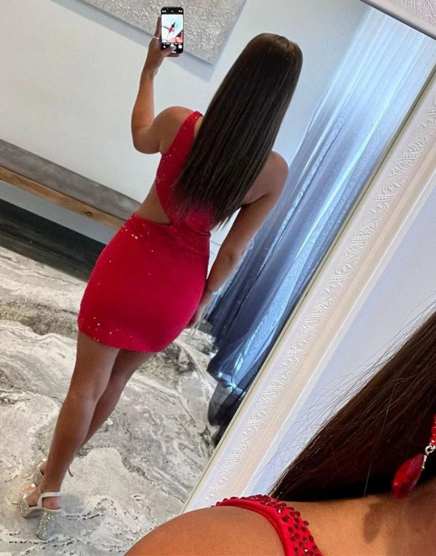 One Shoulder Cutout Waist Glitter Red Short Homecoming Dress With Beaded