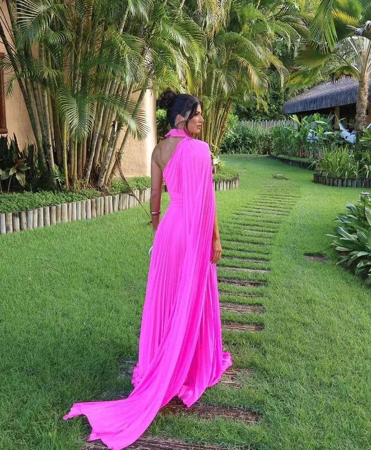 One Shoulder Draped Sleeves Fuchsia Floor Length Prom Dress Evening Dress