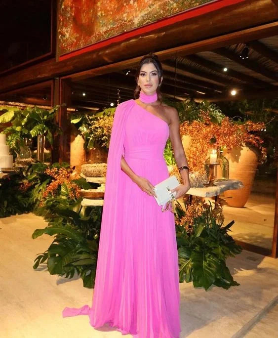One Shoulder Draped Sleeves Fuchsia Floor Length Prom Dress Evening Dress