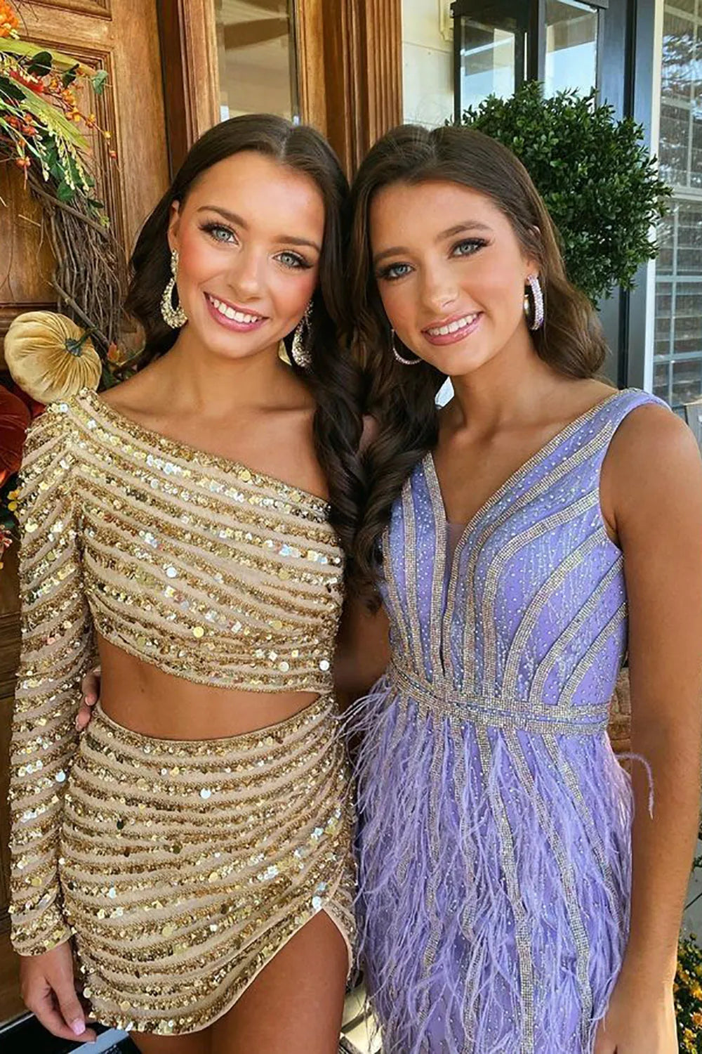 One Shoulder Long Sleeves Cutout Waist Glitter Dark Red Homecoming Dress