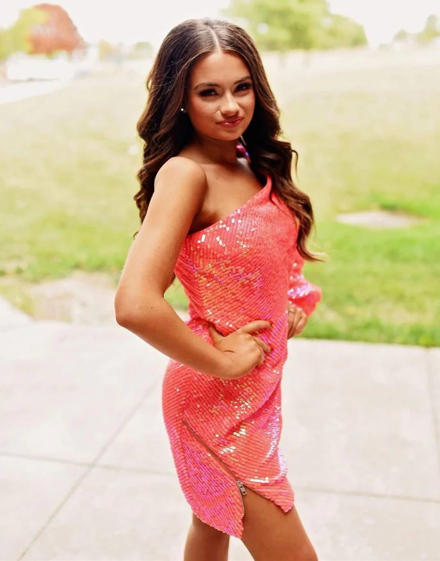 One Shoulder Long Sleeves Zipper Sequins Short Homecoming Dress