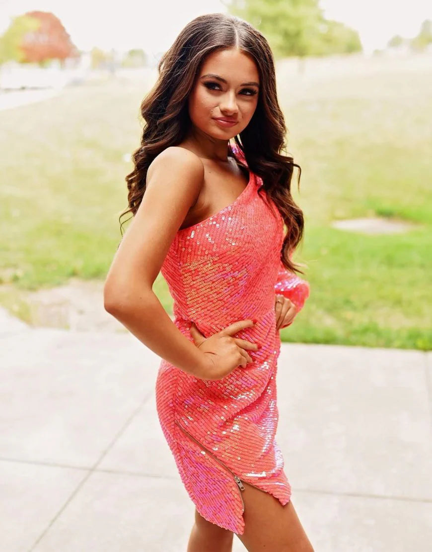 One Shoulder Long Sleeves Zipper Sequins Short Homecoming Dress