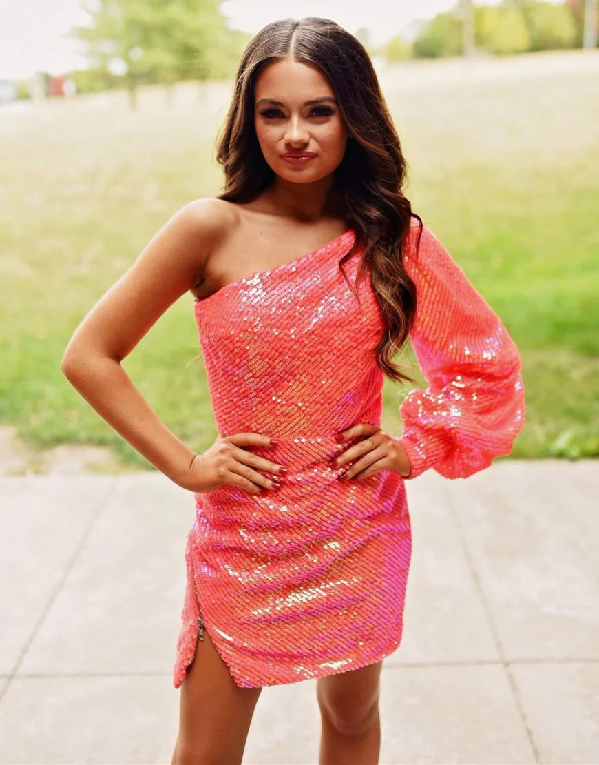 One Shoulder Long Sleeves Zipper Sequins Short Homecoming Dress