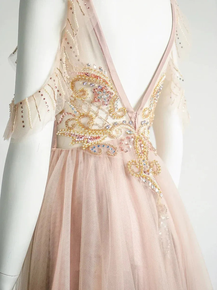 Opulent A-Line Halter-Neck Cold-Shoulder Beaded-Lace Dusty Rose Maxi Prom Dress for Women