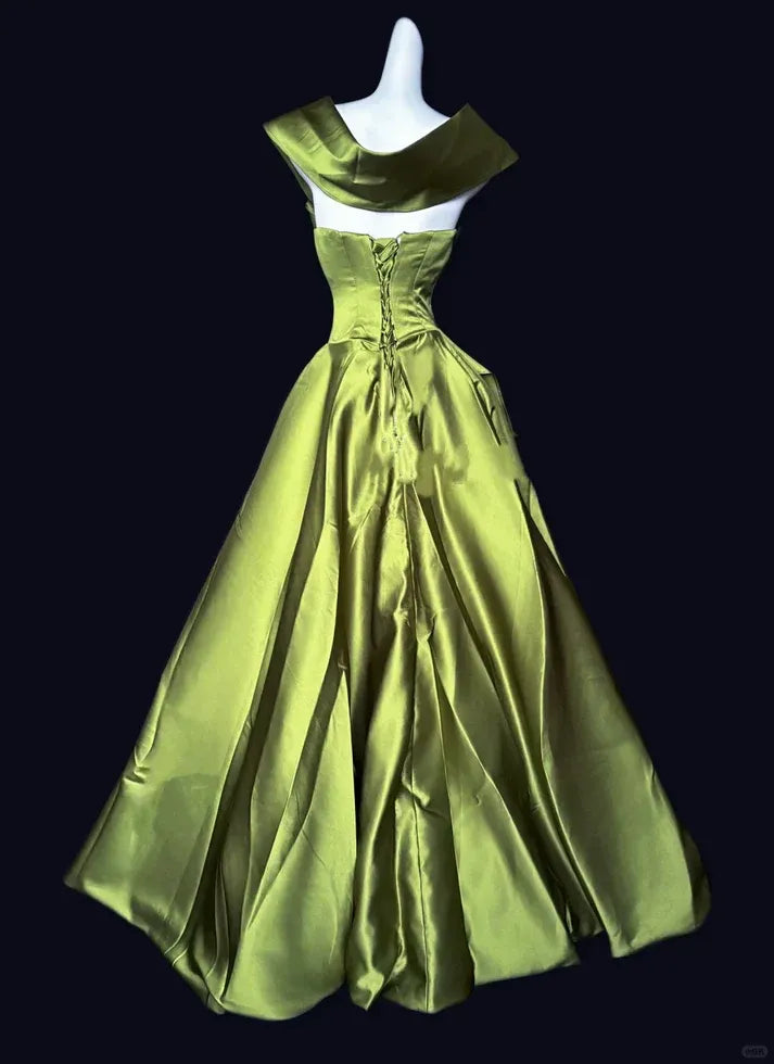Opulent A-Line Off-Shoulder Sleeveless Ruched Olive Green Maxi Prom Dress for Women Custom