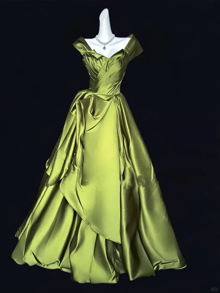 Opulent A-Line Off-Shoulder Sleeveless Ruched Olive Green Maxi Prom Dress for Women Custom