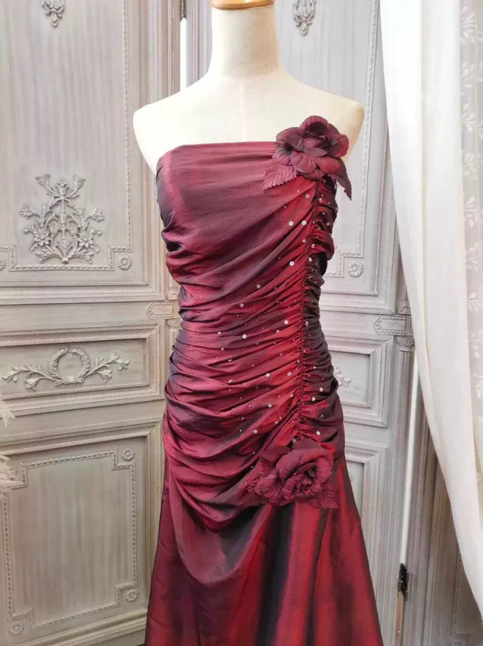 Opulent A-Line Strapless Ruched Burgundy Long Prom Dress for Women Ready to Ship