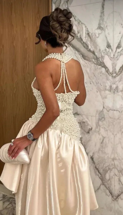 Opulent Ball Gown Halter Beaded Ivory Asymmetrical Prom Dress Handmade