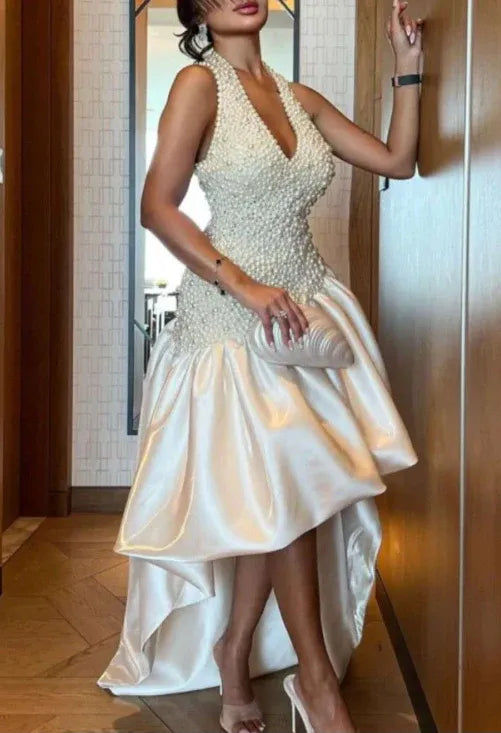 Opulent Ball Gown Halter Beaded Ivory Asymmetrical Prom Dress Handmade