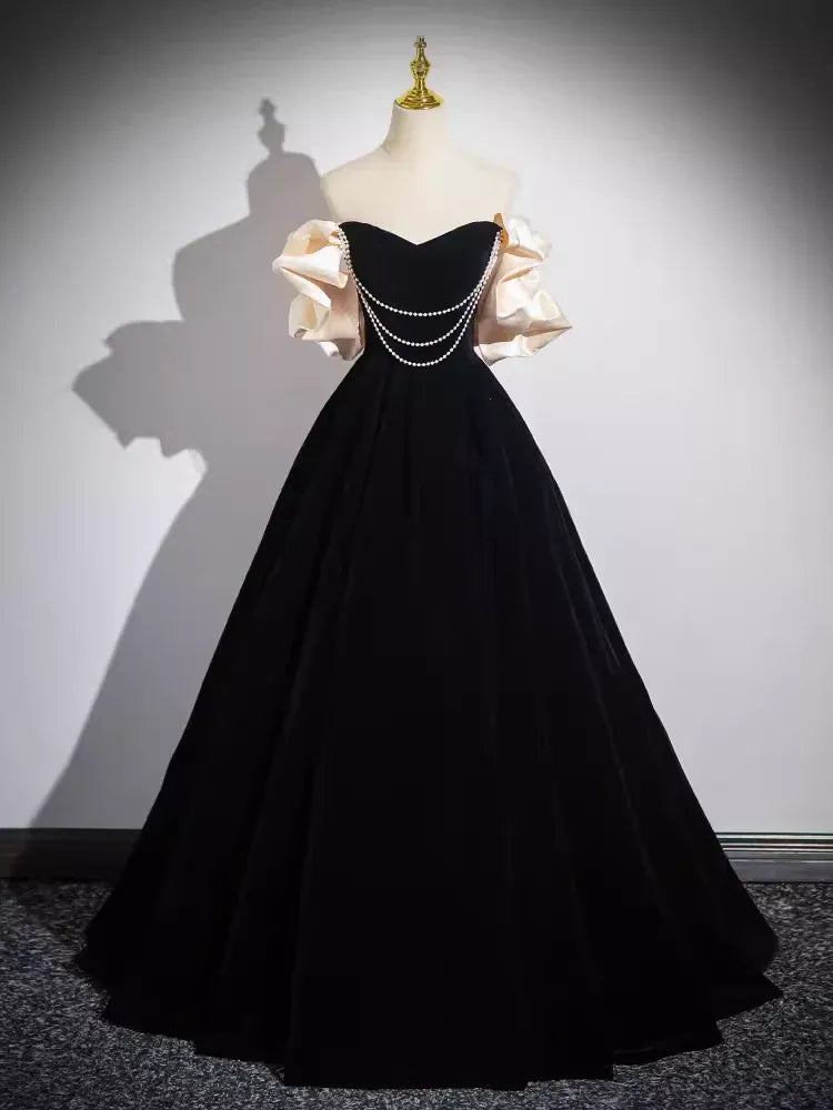 Opulent Ballgown Off-Shoulder Puff-Sleeve Pearl-Accent Black Velvet Maxi Evening Dress for Women