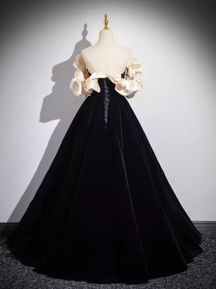 Opulent Ballgown Off-Shoulder Puff-Sleeve Pearl-Accent Black Velvet Maxi Evening Dress for Women