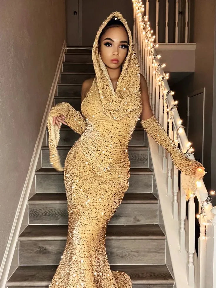 Opulent Mermaid Deep V Sleeveless Hooded Sequin Gold Maxi Evening Dress for Women