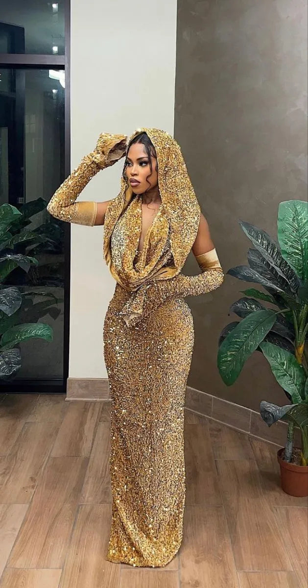 Opulent Mermaid Deep V Sleeveless Hooded Sequin Gold Maxi Evening Dress for Women