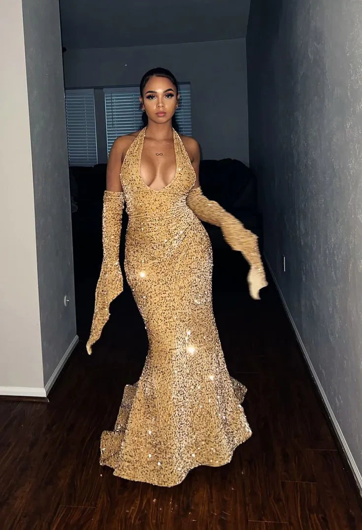 Opulent Mermaid Deep V Sleeveless Hooded Sequin Gold Maxi Evening Dress for Women