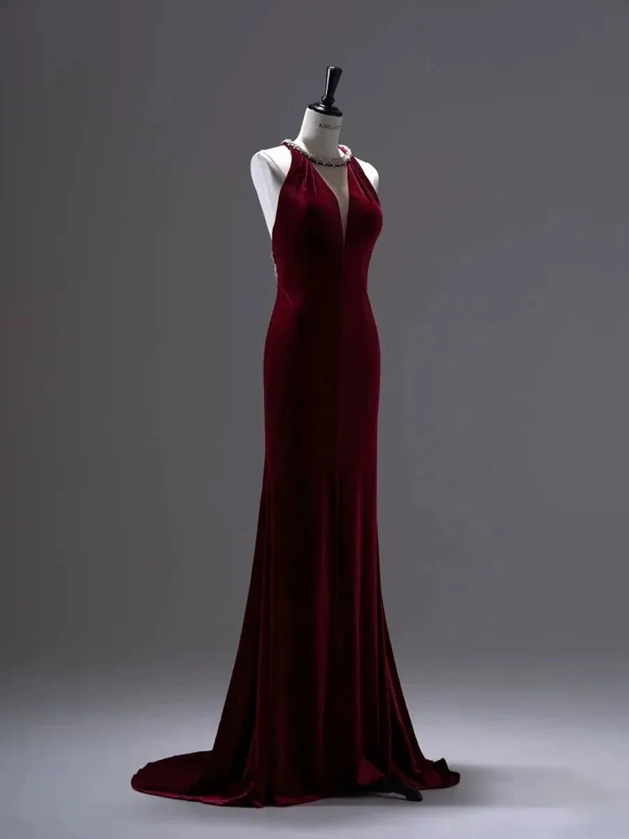 Opulent Mermaid Halter-Neck Sleeveless Fringed Velvet Burgundy Train Evening Dress for Women