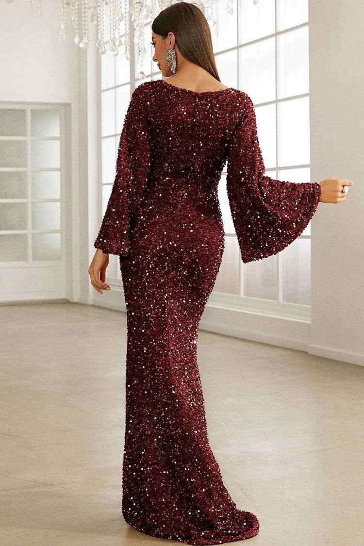 Opulent Mermaid Square-Neck Long-Sleeve Sequin Burgundy Maxi Evening Dress for Women