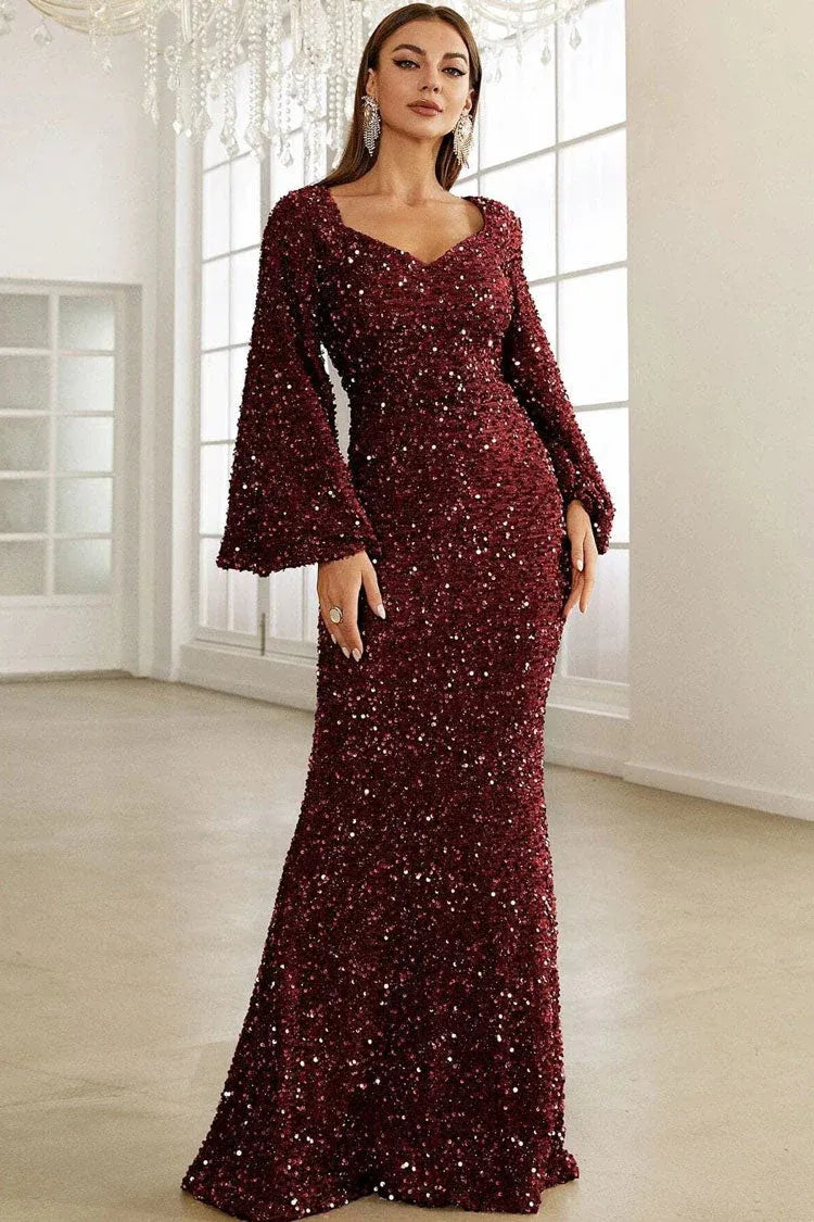 Opulent Mermaid Square-Neck Long-Sleeve Sequin Burgundy Maxi Evening Dress for Women