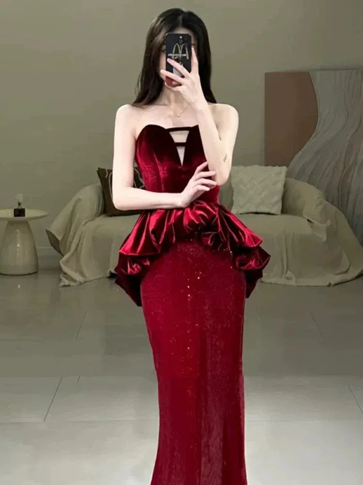 Opulent Mermaid Strapless Ruffled Burgundy Long Prom Dress for Women Ready to Ship