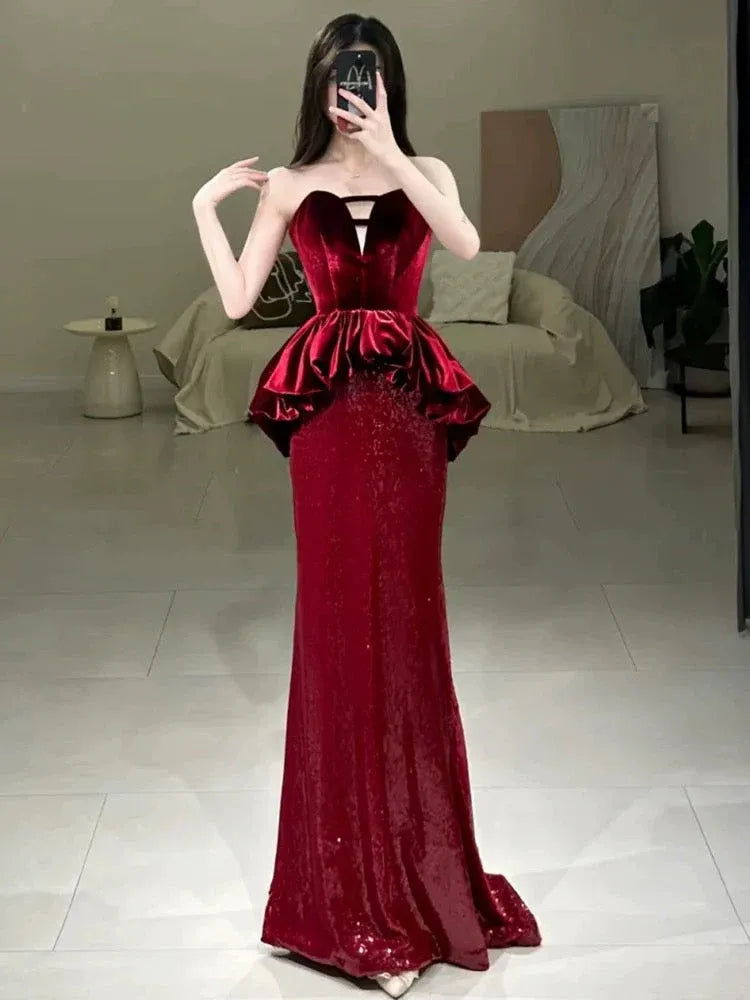 Opulent Mermaid Strapless Ruffled Burgundy Long Prom Dress for Women Ready to Ship