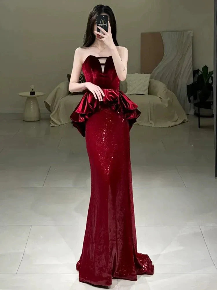 Opulent Mermaid Strapless Ruffled Burgundy Long Prom Dress for Women Ready to Ship