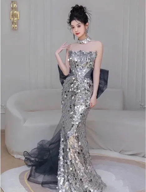 Opulent Mermaid Strapless Sleeveless Sequin-Accented Silver Maxi Prom Dress for Women Custom