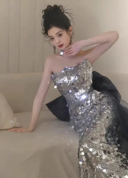 Opulent Mermaid Strapless Sleeveless Sequin-Accented Silver Maxi Prom Dress for Women Custom