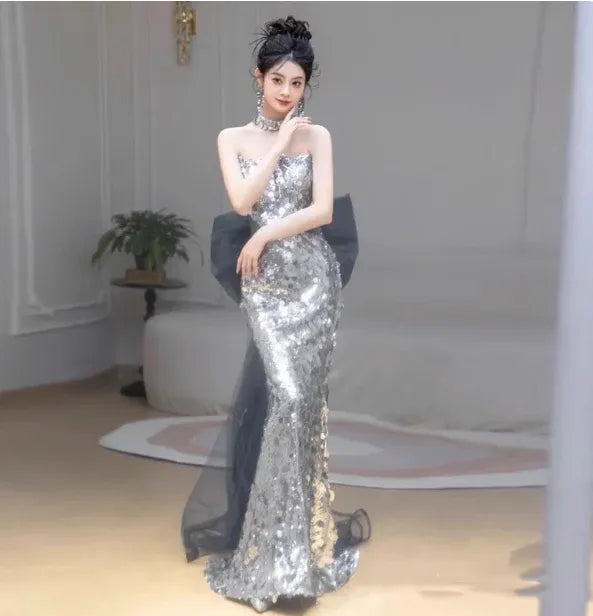 Opulent Mermaid Strapless Sleeveless Sequin-Accented Silver Maxi Prom Dress for Women Custom