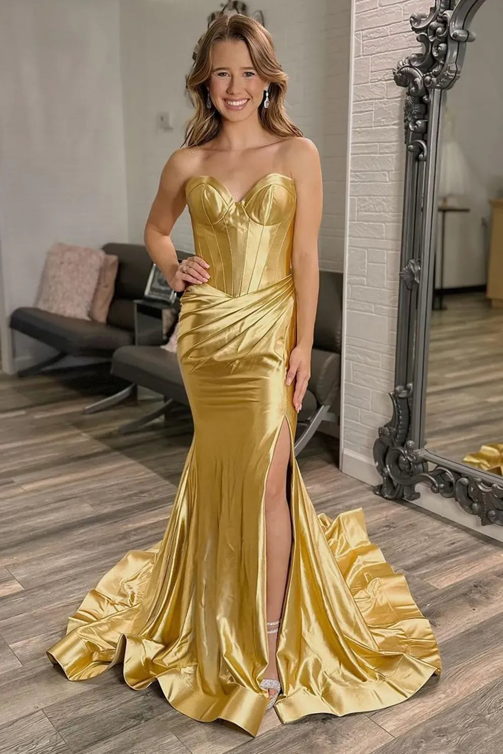 Opulent Mermaid Sweetheart Sleeveless Ruched Satin Gold Floor-Length Evening Dress For Women