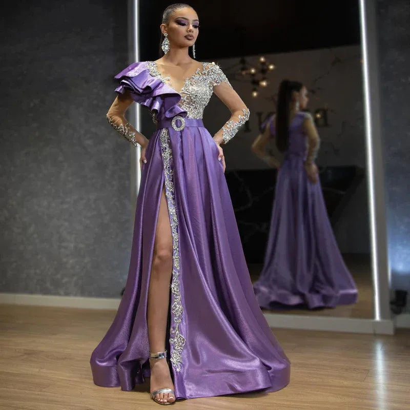 Opulent Satin-Beaded Long Evening Dress Purple V-Neck Ruffle-Sleeve Party Gown for Women