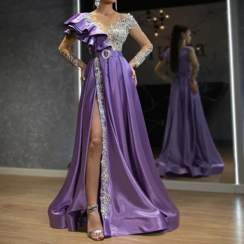 Opulent Satin-Beaded Long Evening Dress Purple V-Neck Ruffle-Sleeve Party Gown for Women