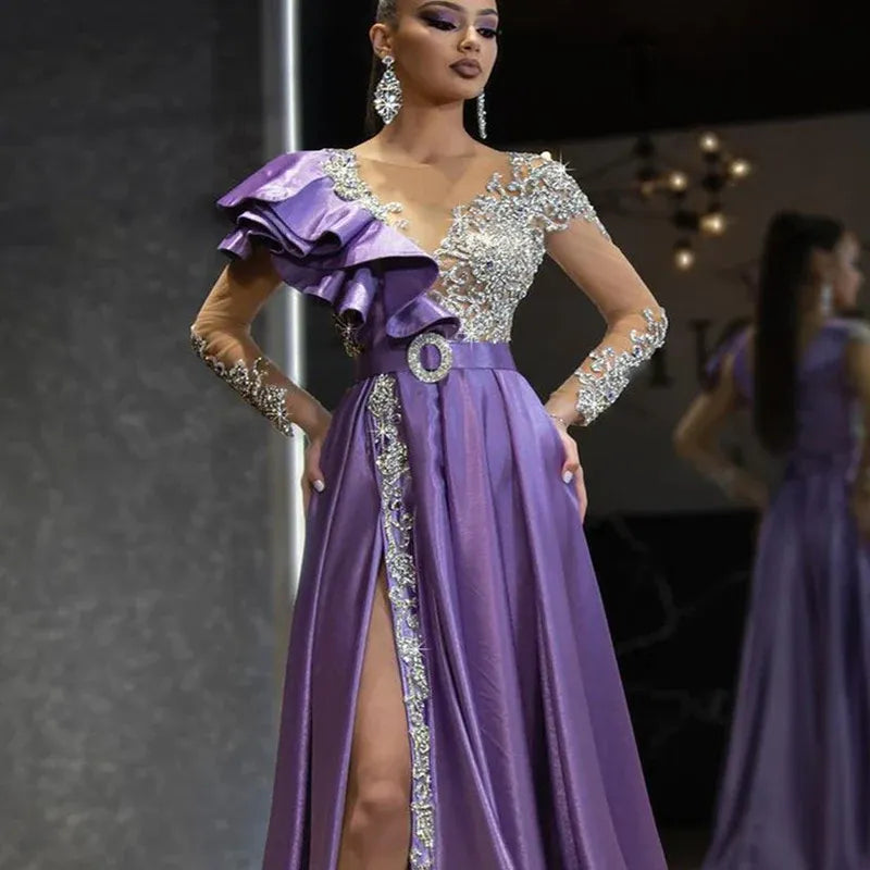 Opulent Satin-Beaded Long Evening Dress Purple V-Neck Ruffle-Sleeve Party Gown for Women