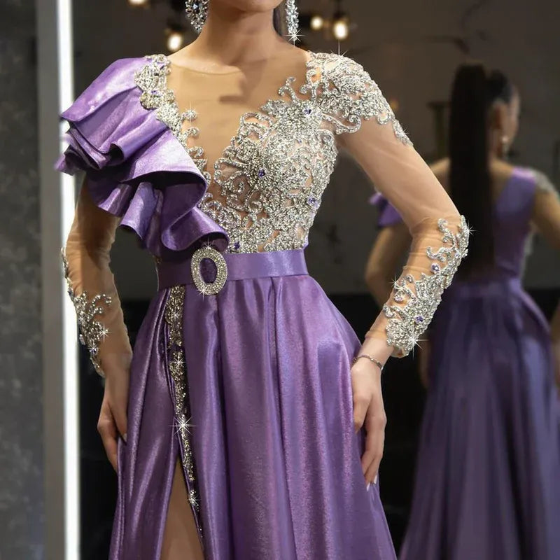 Opulent Satin-Beaded Long Evening Dress Purple V-Neck Ruffle-Sleeve Party Gown for Women