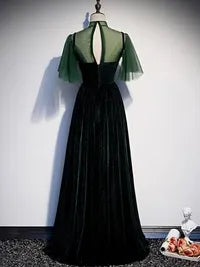 Opulent Satin Train Evening Dress Gold V-Neck Puff-Sleeve for Women