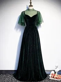 Opulent Satin Train Evening Dress Gold V-Neck Puff-Sleeve for Women