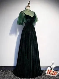 Opulent Satin Train Evening Dress Gold V-Neck Puff-Sleeve for Women