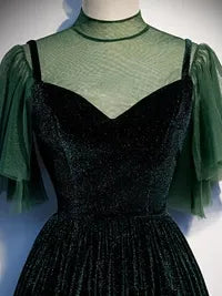 Opulent Satin Train Evening Dress Gold V-Neck Puff-Sleeve for Women