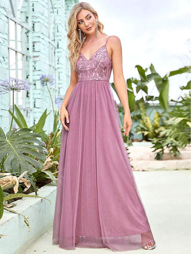 A-Line Spaghetti Strap Floor Length Tulle Sequined Bridesmaid Dress