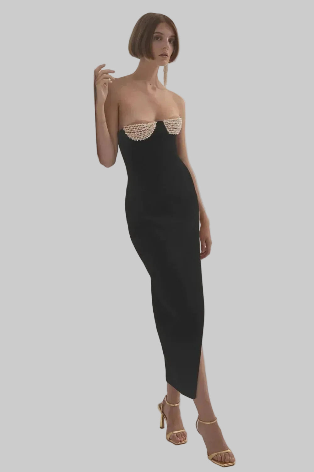 Pearl-Embellished Structured Midi Evening Dress Black Strapless Asymmetric for Women