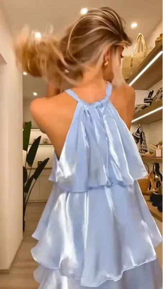 Playful A-Line Halter Tiered Ruffle Light Blue Short Homecoming Dress