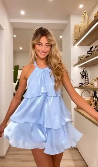 Playful A-Line Halter Tiered Ruffle Light Blue Short Homecoming Dress