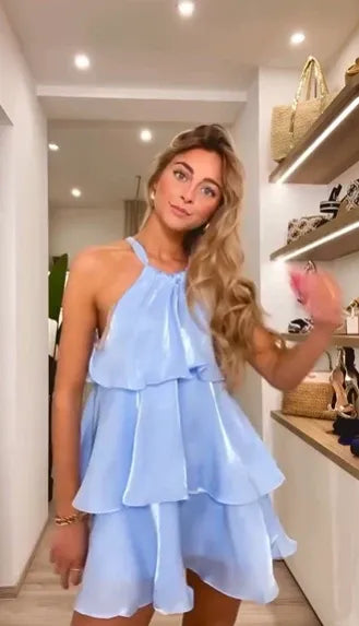Playful A-Line Halter Tiered Ruffle Light Blue Short Homecoming Dress