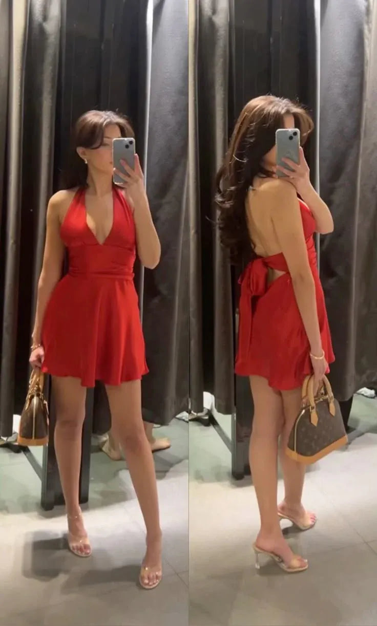 Playful A-Line Halter V-Neck Tie Bow Back Satin Red Short Homecoming Dress