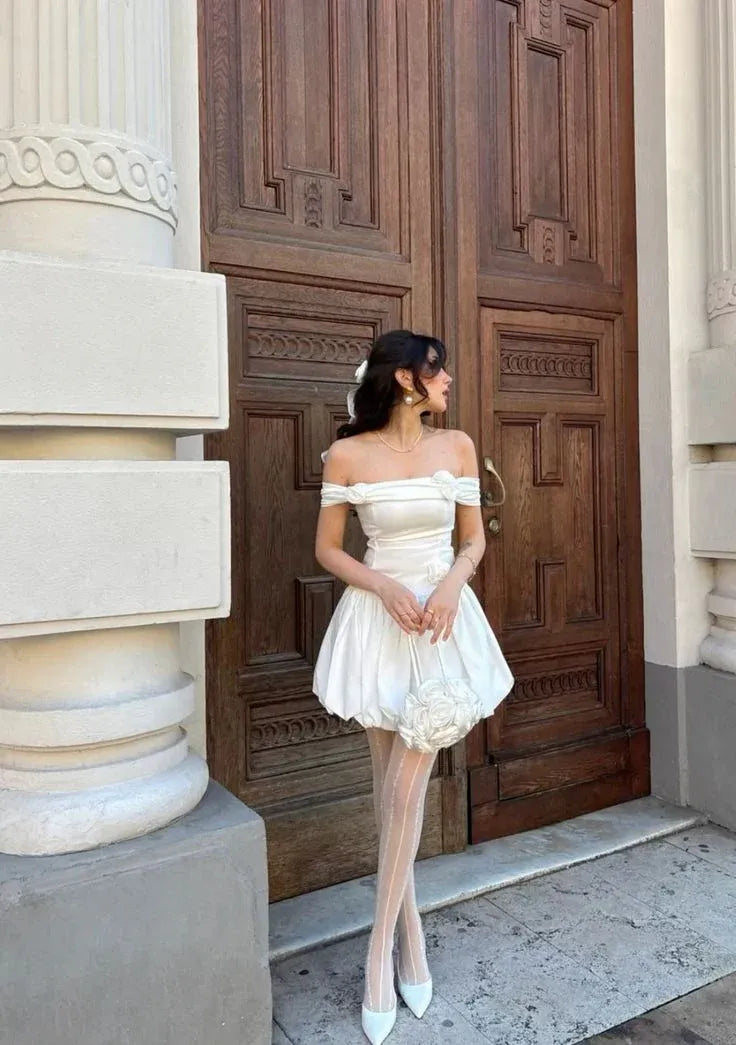 Playful A-Line Off-Shoulder 3D Flower White Short Homecoming Dress