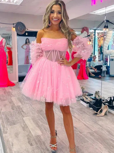 Playful A-Line Off-Shoulder Puff Sleeve Corset Tulle Pink Short Homecoming Dress