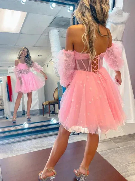 Playful A-Line Off-Shoulder Puff Sleeve Corset Tulle Pink Short Homecoming Dress