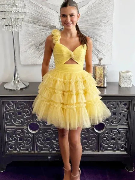 Playful A-Line One-Shoulder Tiered Ruffled Tulle Yellow Short Homecoming Dress