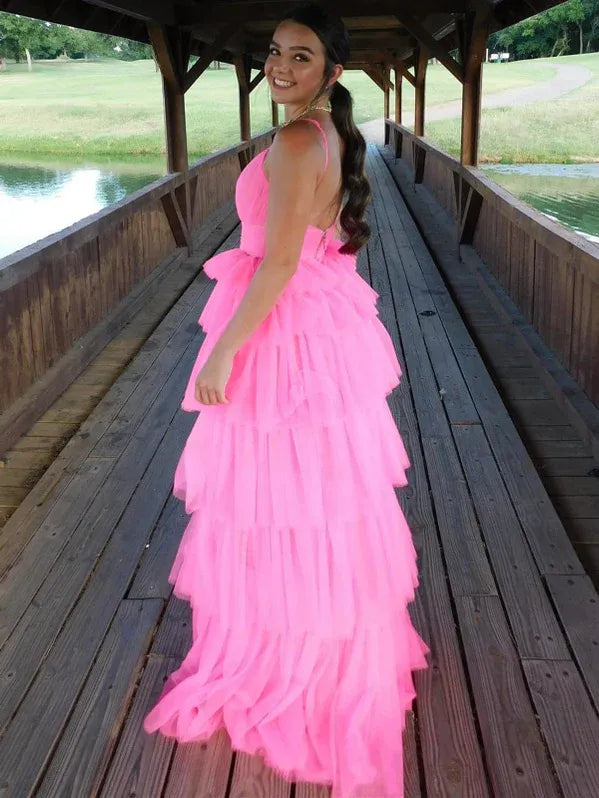 Playful A-Line Scoop Neck Tiered Ruffle Tulle Neon Pink Floor-Length Prom Dress