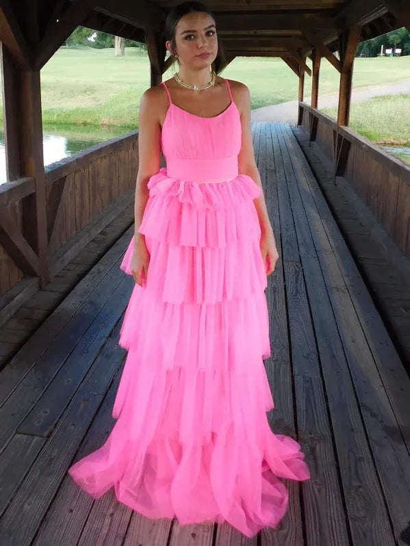 Playful A-Line Scoop Neck Tiered Ruffle Tulle Neon Pink Floor-Length Prom Dress