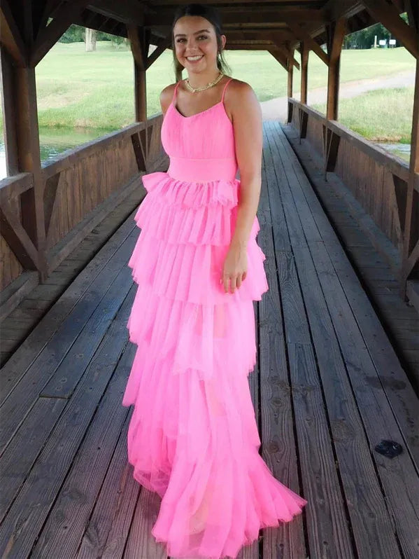 Playful A-Line Scoop Neck Tiered Ruffle Tulle Neon Pink Floor-Length Prom Dress