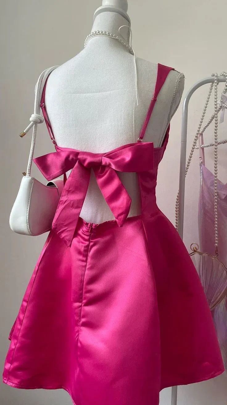 Playful A-Line Square Neck Bow Back Fuchsia Short Homecoming Dress